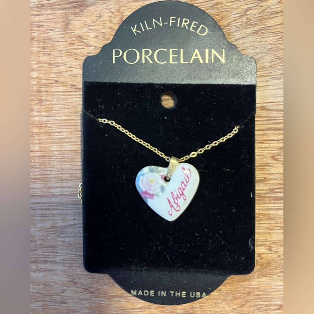 NWT Kiln-Fired White and Pink Porcelain Heart Necklace with Gold Chain- Abigail